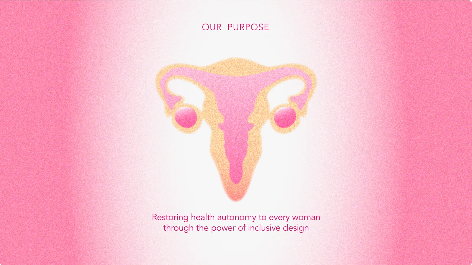 Our Purpose：粉橘漸層的子宮與卵巢插畫，標語為透過包容性設計把健康自主權還給每位女性。