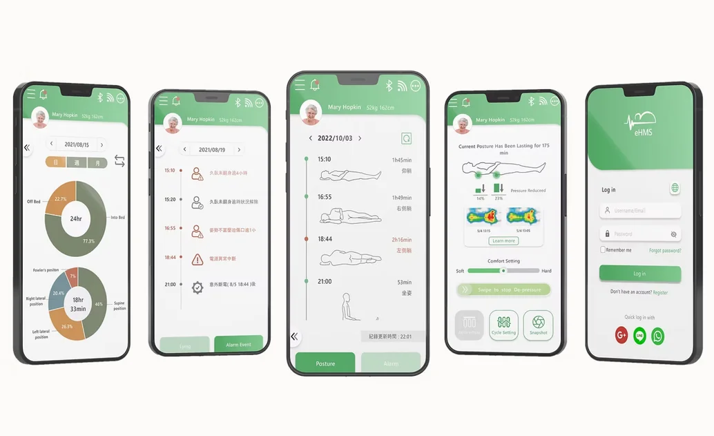 eHMS App 的主題圖：深綠底上排列多支手機畫面，分別是遙控器、臥姿紀錄、壓力分布圖與警示通知。