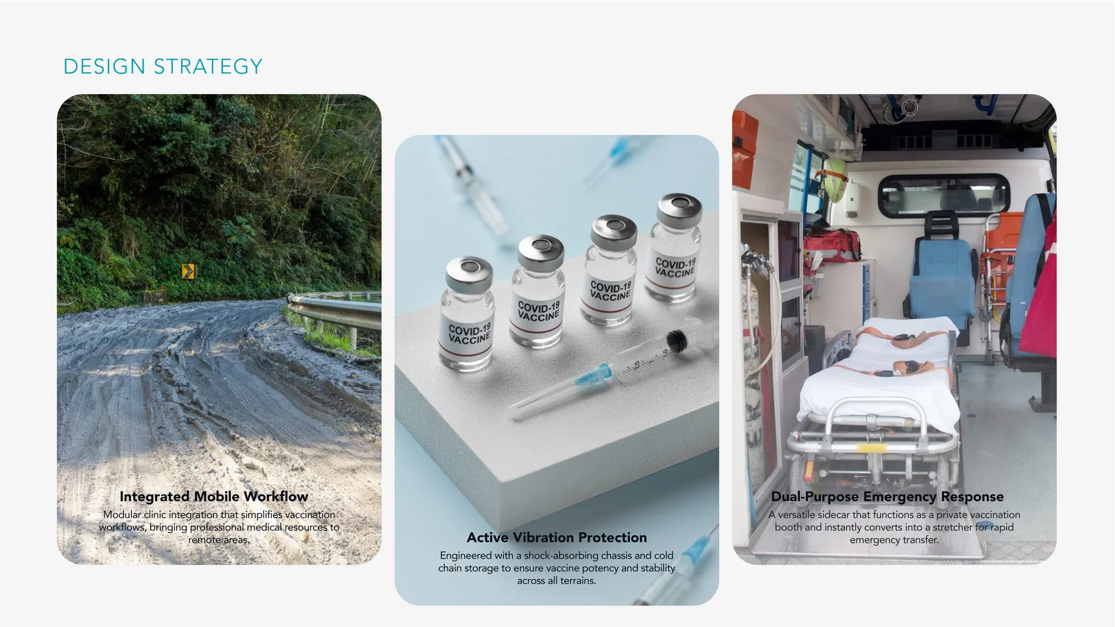 Design Strategy：三張情境照——崎嶇山路、疫苗瓶與注射器的靜物、救護車內的擔架，分別對應行動診間、防震冷鏈與雙用途緊急應變。