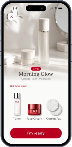Phone screen showing a Morning Glow routine preview with toner, face cream, and cotton pad