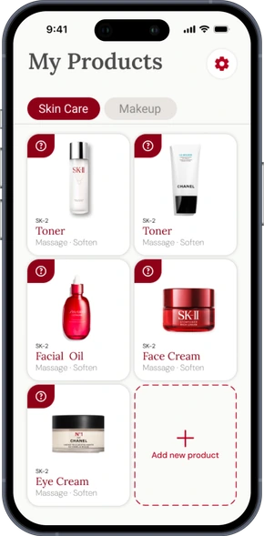 Phone screen showing a saved product library with Toner, Cleansing Cream, Facial Oil, and Face Cream