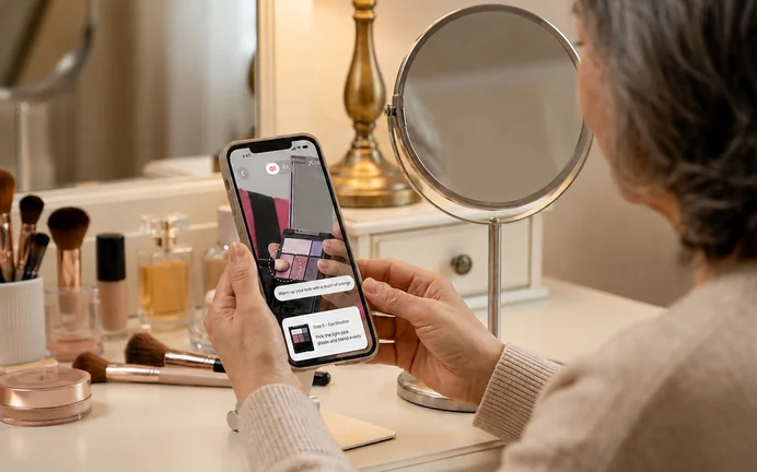 An older woman at her dressing table, following the app on her phone.