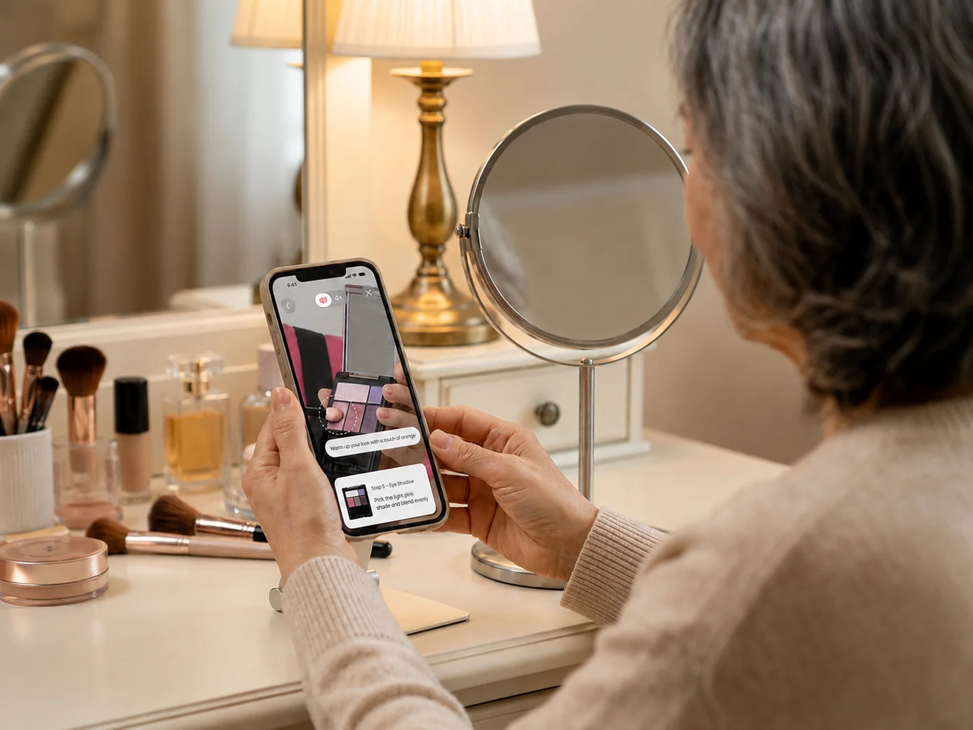 Sui-Sui mockup 1: an older woman using the app while doing her makeup at a mirror