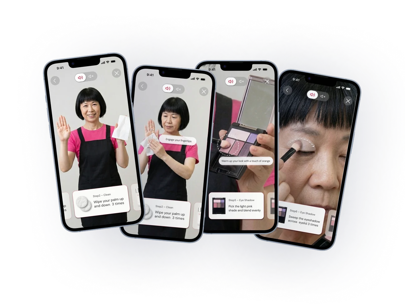 Four phone screens fanned out, each showing a step of a guided routine: an older woman copying a hand movement, a cleansing step, an eyeshadow palette being picked up, and eyeshadow being swept across an eyelid.