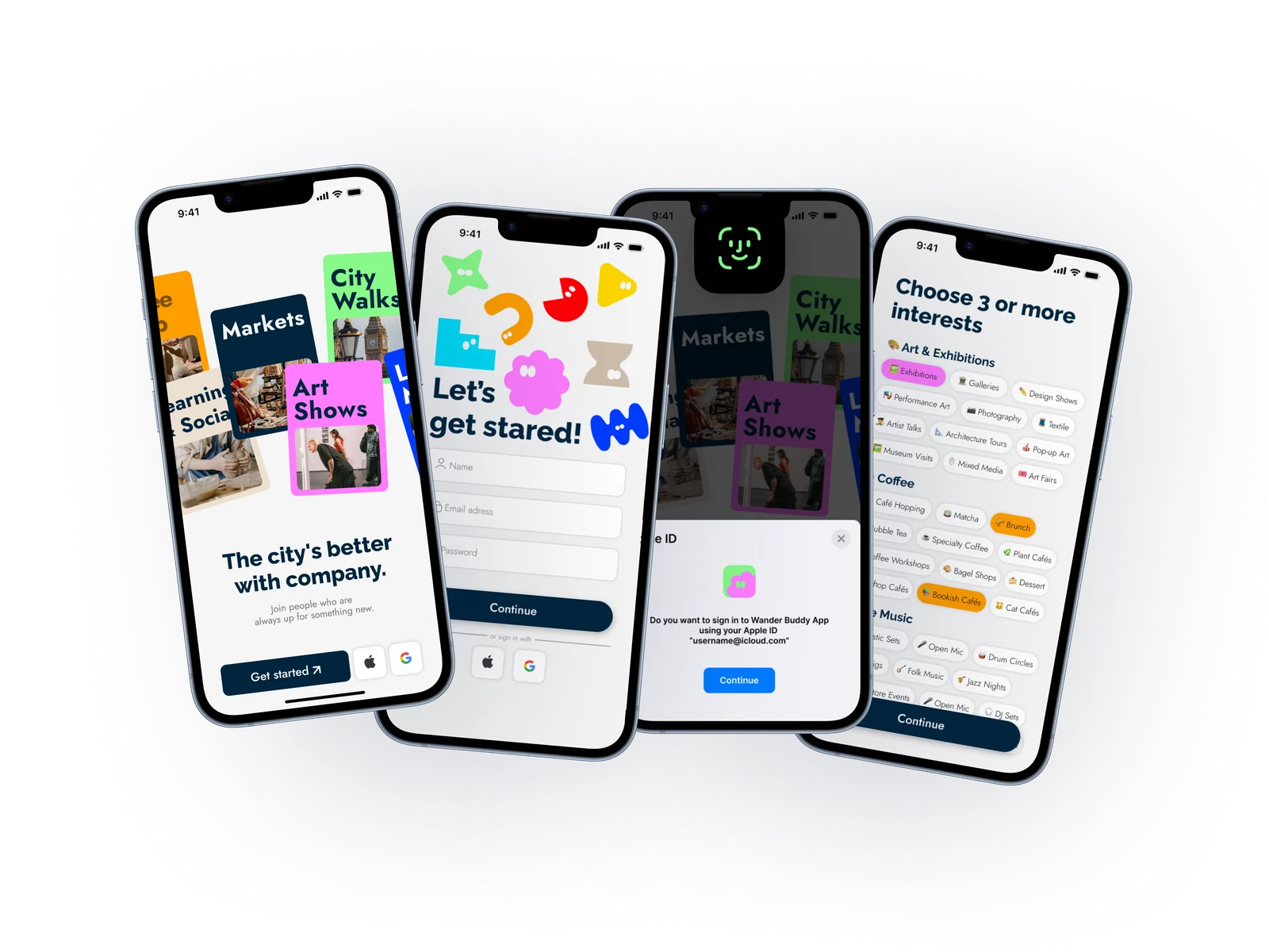 Four iPhone screens from the WanderBuddy sign-up flow shown side by side
